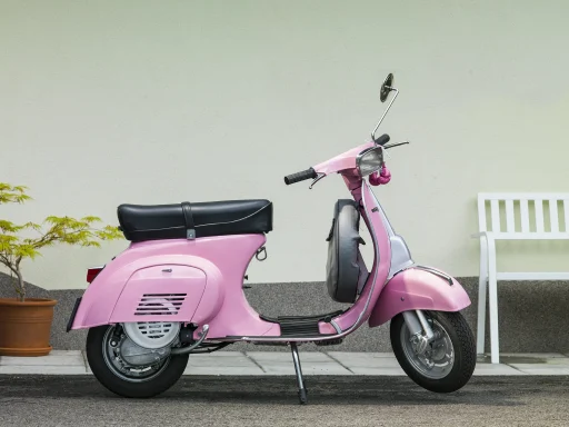 Rosa Vespa 50 Special (V5B3T) Baujahr 1981 vor heller Hausfassade.