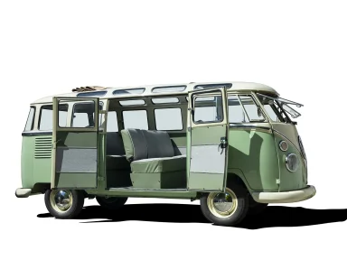 VW Bulli T1 Samba mit geöffneten Türen und Dachfenstern – April-Motiv aus dem Kalender „Faszination VW Bulli 2022“.