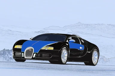 Grafisch bearbeiteter Bugatti Veyron in Blau und Schwarz im Pop-Art-Stil vor stilisierter Landschaft.