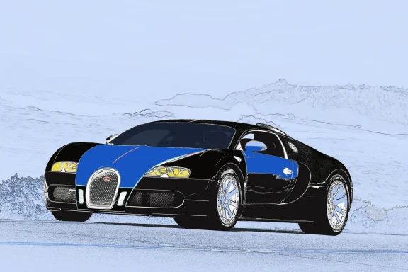 Grafisch bearbeiteter Bugatti Veyron in Blau und Schwarz im Pop-Art-Stil vor stilisierter Landschaft.
