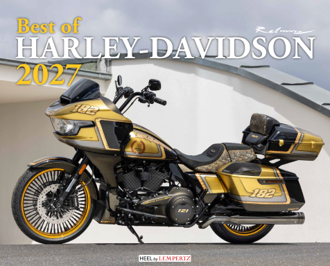 Titelseite des Harley-Davidson Kalenders 2027 mit einer gold-schwarzen Harley-Davidson.
