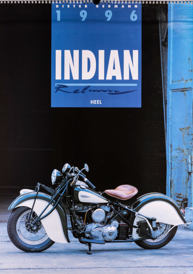 Titelblatt des Indian Kalenders 1996 mit einer restaurierten Indian Chief in Schwarz und Cremeweiß.