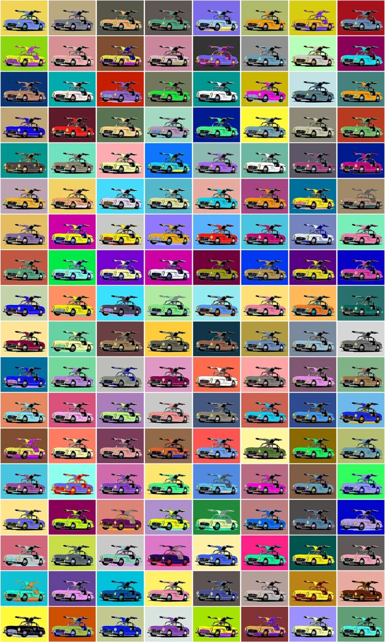 Mercedes-Benz 300 SL Flügeltürer Pop Art Collage | Dieter Rebmann Pop-Art-Collage mit vielfarbigen Darstellungen eines Mercedes-Benz 300 SL Flügeltürers mit geöffneten Flügeltüren.