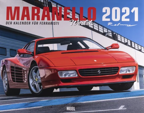 Titelmotiv des Maranello World Kalenders 2021 mit rotem Ferrari 512 TR auf der Boxengasse einer Rennstrecke.