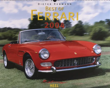 Titelmotiv des Ferrari Kalenders 2004 mit rotem Ferrari 275 GTS Cabriolet auf einer Parklandschaft.