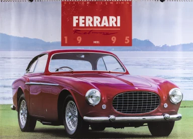 Roter Ferrari 212 Inter am Ufer eines Sees als Titelmotiv des Ferrari-Kalenders 1995, fotografiert von Automobilfotograf Dieter Rebmann.