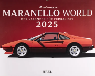 Titelmotiv des Maranello World Kalenders 2025 mit rotem Ferrari 308 GTS in der Seitenansicht .