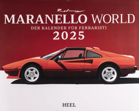Titelmotiv des Maranello World Kalenders 2025 mit rotem Ferrari 308 GTS in der Seitenansicht .