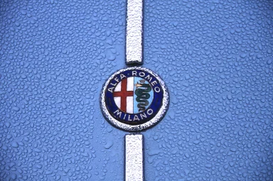 Alfa-Romeo-Emblem auf blauer Motorhaube mit weißen Zierstreifen und Regentropfen.