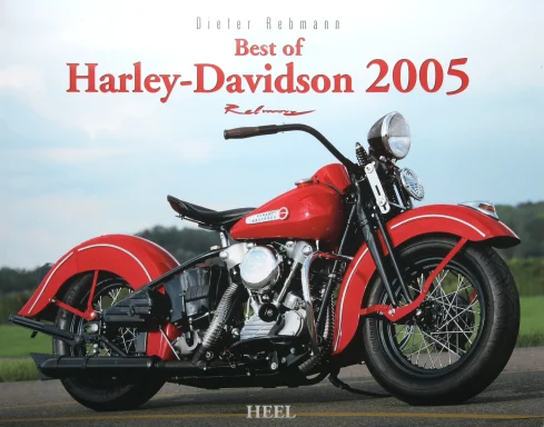 Rote Harley-Davidson WL mit Springer-Gabel in Seitenansicht auf einer Landstraße.Harley Kalender 2005
