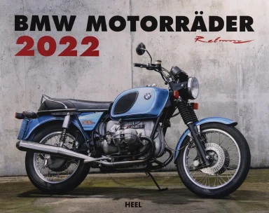 Titelblatt des Kalenders „BMW Motorräder 2022“ mit klassischer BMW R 90/6 vor Betonwand.