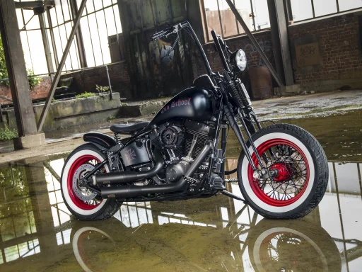 Harley-Davidson FLS Softail Slim Baujahr 2015 als Old-School-Custom mit Apehanger, Weißwandreifen und rotem Felgendesign.