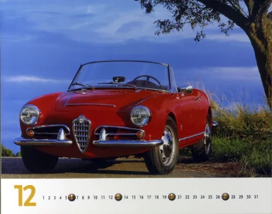 Rote Alfa Romeo Giulietta Spider von 1960 vor dramatischem Himmel – Dezember-Motiv aus dem Kalender „Best of Alfa Romeo 1998“.