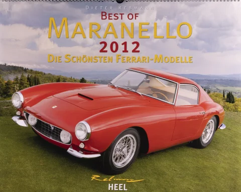 Titelmotiv des Maranello Kalenders 2012 mit rotem Ferrari 250 GT Berlinetta vor mediterraner Landschaft.