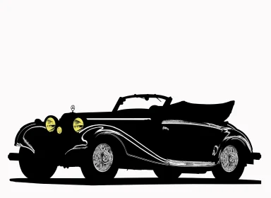 Grafische Schwarz-Weiß-Silhouette eines Mercedes-Benz 500 K Cabriolets mit hervorgehobenen gelben Scheinwerfern.