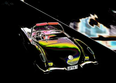 Abstrakt bearbeitete Chevrolet Corvette als farbintensive Pop-Art-Komposition vor dunklem Hintergrund.