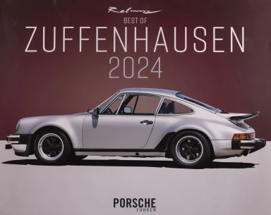 Titel des Porsche-Kalenders „Best of Zuffenhausen 2024“ mit silbernem Porsche 911 Turbo (930) vor stilvollem Farbverlauf.