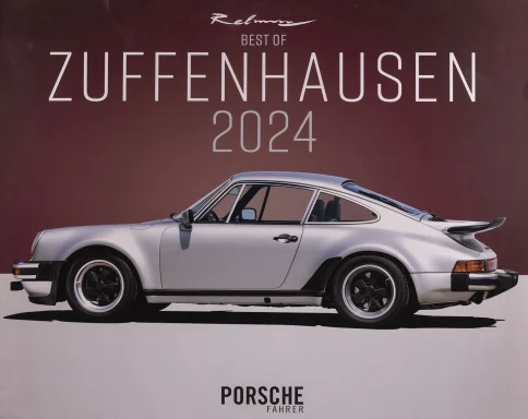 Titel des Porsche-Kalenders „Best of Zuffenhausen 2024“ mit silbernem Porsche 911 Turbo (930) vor stilvollem Farbverlauf.