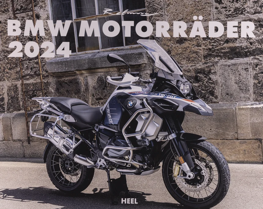 Titelblatt des Kalenders „BMW Motorräder 2024“ mit BMW R 1250 GS Trophy vor historischer Industriekulisse.