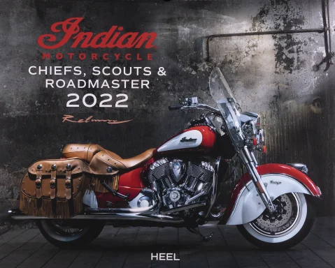 Titelblatt des Indian Kalenders 2022 mit einer rot-cremefarbenen Indian Chief Vintage und Ledertaschen.
