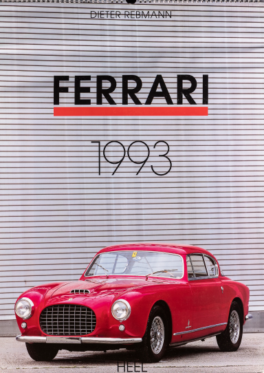 Roter Ferrari 342 America vor einer modernen Hallenfassade, aufgenommen für den Ferrari-Kalender 1993 von Automobilfotograf Dieter Rebmann.