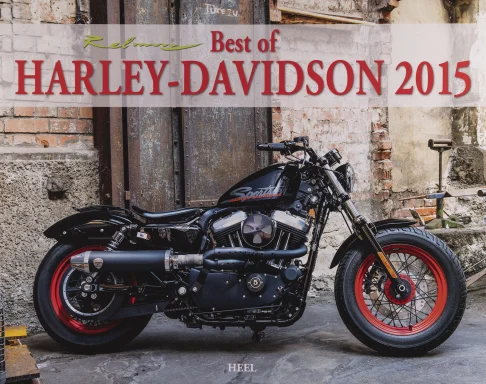 Harley-Davidson Forty-Eight in Schwarz und Rot vor einer Industriekulisse. Titelmotiv des Harley-Davidson Kalenders 2015.
