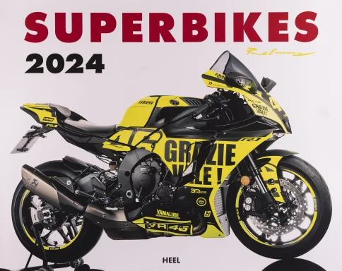 Titelblatt des Superbikes Kalenders 2024 mit einer Yamaha YZF-R1 VR46 Edition in Gelb-Schwarz.
