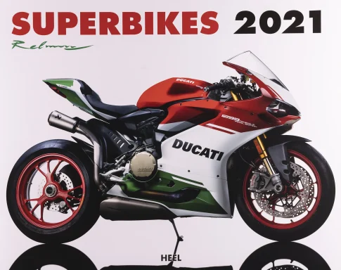 Titelblatt des Superbikes Kalenders 2021 mit einer Ducati 1299 Panigale R Final Edition in den italienischen Tricolore-Farben.
