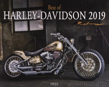 Harley-Davidson Custom Chopper mit echtem Blattgold und Airbrush-Lackierung in einer Industriehalle.Titelmotiv des Harley-Kalender 2019
