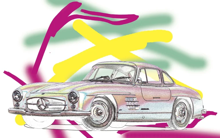 Künstlerisch bearbeitete Darstellung eines Mercedes-Benz 300 SL mit farbigen grafischen Elementen.