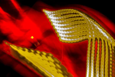 Abstrakte rote Lichtspuren einer automobilen Heckleuchte durch Langzeitbelichtung und bewegte Kamera.