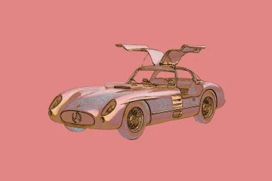Pop-Art-Darstellung eines Mercedes-Benz 300 SLR Uhlenhaut Coupé mit geöffneten Flügeltüren vor rosafarbenem Hintergrund.