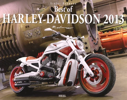 Harley-Davidson V-Rod Custom in Weiß und Rot vor einem Turbinengehäuse in einer Industriehalle.Harley Kalender2013