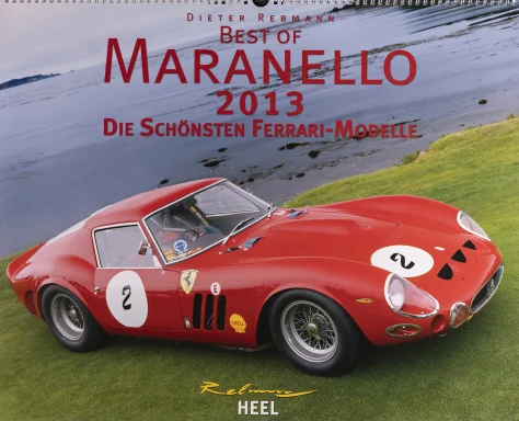 Titelmotiv des Maranello Kalenders 2013 mit rotem Ferrari 250 GTO in historischer Rennlackierung vor einer Küstenlandschaft.