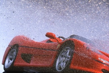 Roter Ferrari F50 mit Spiegelung auf nassem Asphalt
