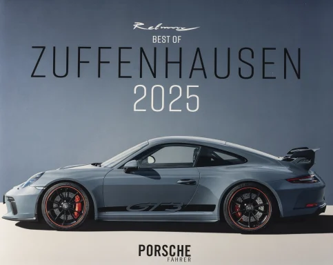 Titel des Porsche-Kalenders „Best of Zuffenhausen 2025“ mit Porsche 911 GT3 (992) in Enzianblau Metallic.