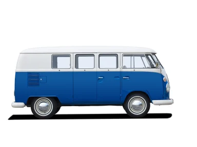 Blau-weißer VW Bulli T1 Kombi in Seitenansicht vor weißem Hintergrund – März-Motiv aus dem Kalender „Faszination VW Bulli 2022“.
