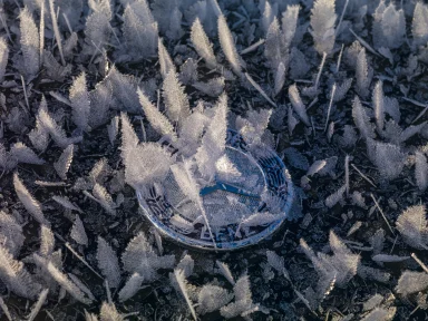 Mercedes-Benz Emblem auf einer Motorhaube, umgeben von filigranen Eiskristallen und Froststrukturen.