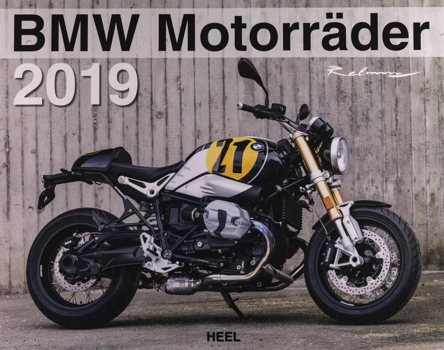 Titelblatt des Kalenders „BMW Motorräder 2019“ mit BMW R nineT vor Betonwand.