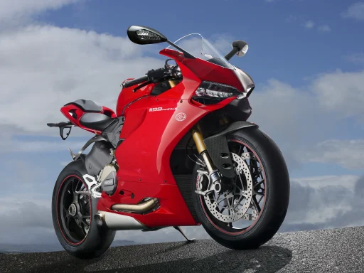 Ducati 1199 Panigale S in professioneller Motorradfotografie vor dramatischem Himmel.