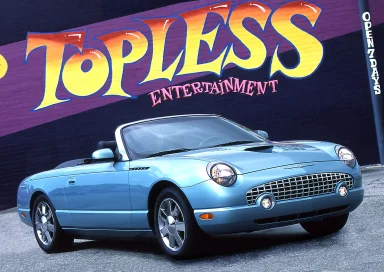 Blauer Ford Thunderbird Cabriolet mit offenem Dach vor einem bunten Hintergrund mit dem Schriftzug "Topless".