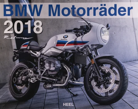 Titelblatt des Kalenders „BMW Motorräder 2018“ mit BMW R nineT Racer vor moderner Architektur.