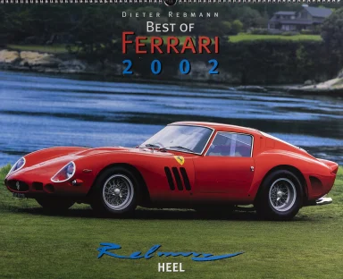 Roter Ferrari 250 GTO in einer Parklandschaft am Wasser als Titelmotiv des Kalenders Best of Ferrari 2002, fotografiert von Dieter Rebmann.