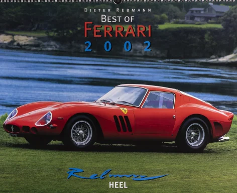 Roter Ferrari 250 GTO in einer Parklandschaft am Wasser als Titelmotiv des Kalenders Best of Ferrari 2002, fotografiert von Dieter Rebmann.