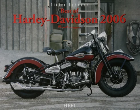 Harley-Davidson WLA in Schwarz-Rot mit Springer-Gabel vor Industriegebäude.
Harley Kalender Titel 2006