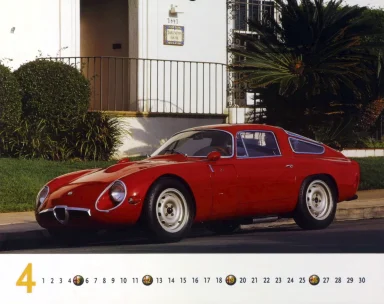 Alfa Romeo Giulia TZ1 von 1965 vor mediterraner Kulisse – April-Motiv aus dem Kalender „Best of Alfa Romeo 1998“.