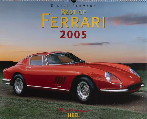 Titelmotiv des Ferrari Kalenders 2005 mit rotem Ferrari 275 GTB bei Sonnenuntergang – klassische Automobilfotografie von Dieter Rebmann.