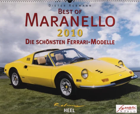 Titelmotiv des Maranello Kalenders 2010 mit gelbem Ferrari Dino 246 GTS vor dramatischem Himmel.
