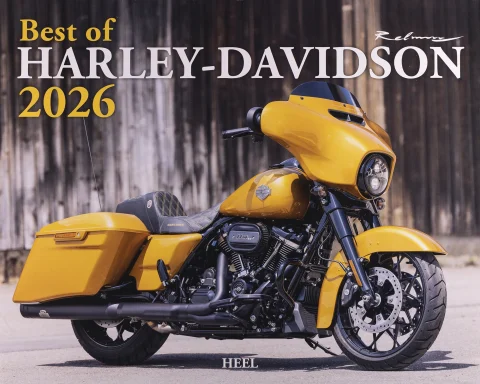 Titelblatt des Harley-Davidson Kalenders 2026 mit einer Harley-Davidson Street Glide Special in Prospect Gold.