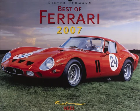 Titelmotiv des Ferrari Kalenders 2007 mit rotem Ferrari 250 GTO von 1962 und Startnummer 24.